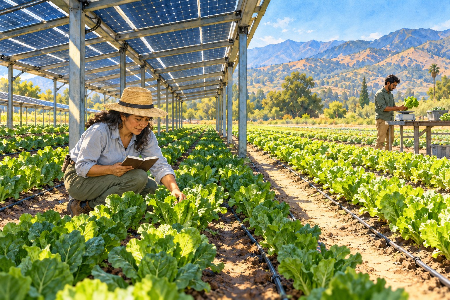 Watercolor illustration of researchers examining romaine lettuce beneath elevated solar panels with sunny comparison beds nearby