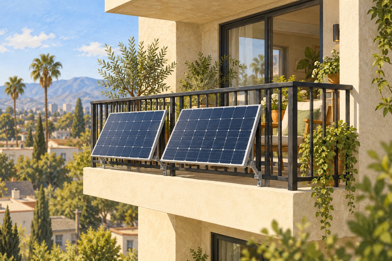 Illustration of two outward-facing solar panels mounted outside a sunny apartment balcony