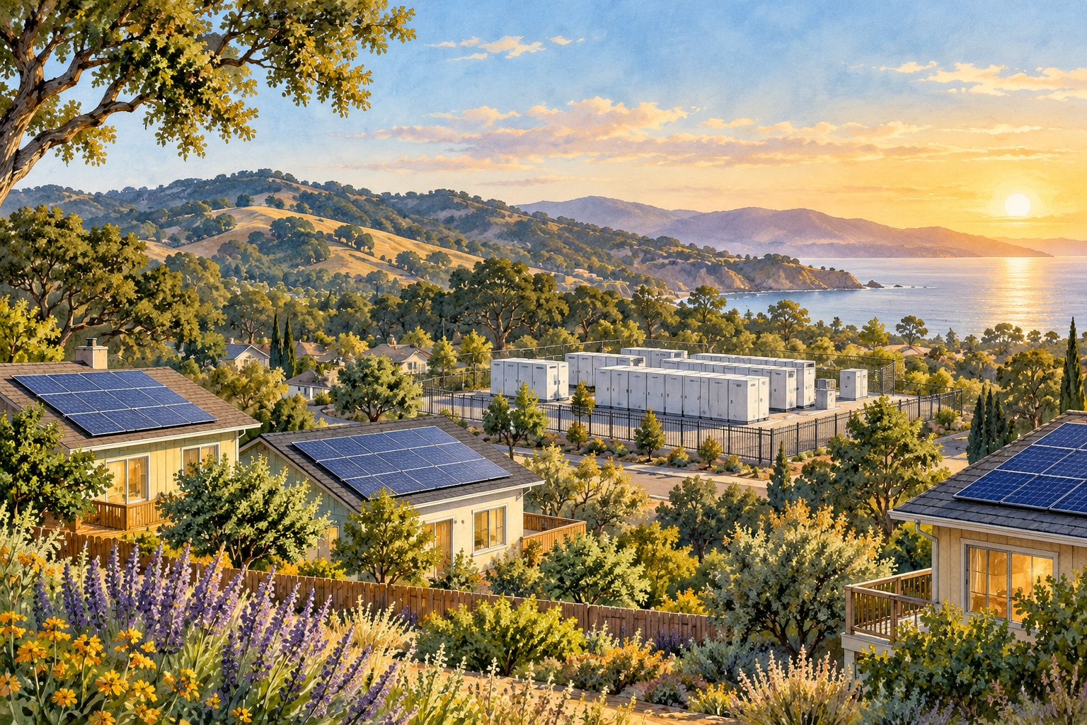 Watercolor illustration of a California neighborhood, rooftop solar, and community battery storage at sunset