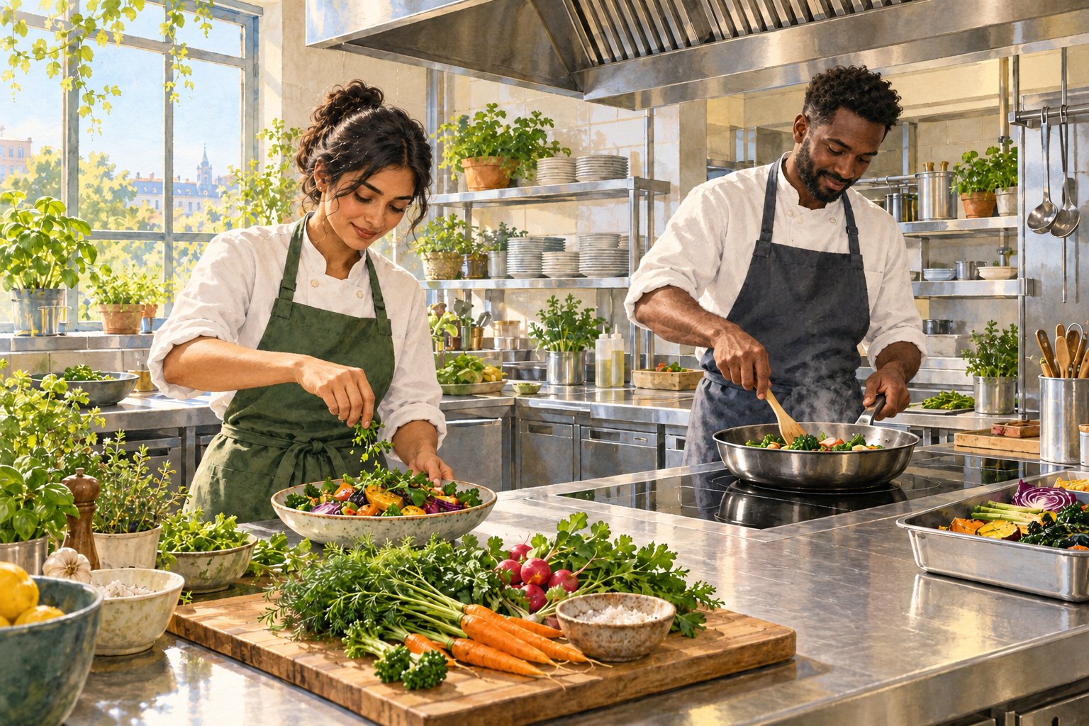 Watercolor illustration of two cooks preparing vegetables beside an induction cooktop and extraction hood in a commercial kitchen