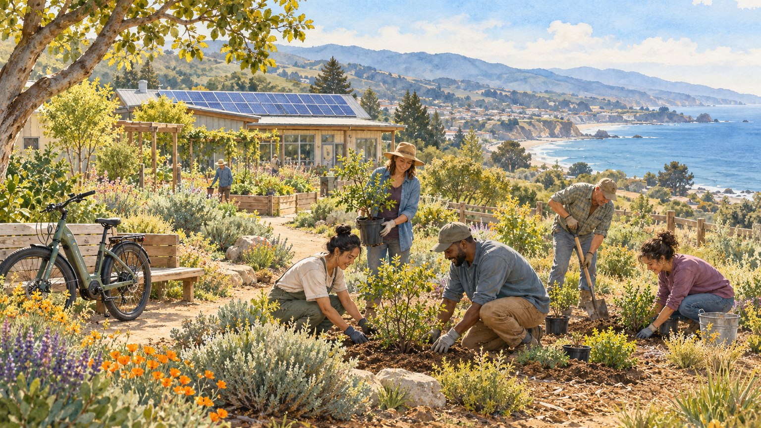 Watercolor illustration of neighbors planting a California community garden near a solar-powered building