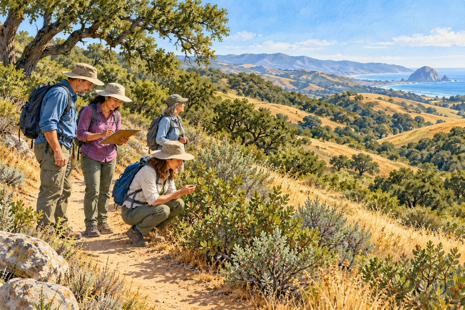 Watercolor illustration of nature walkers observing plants from a trail through California oak woodland and chaparral