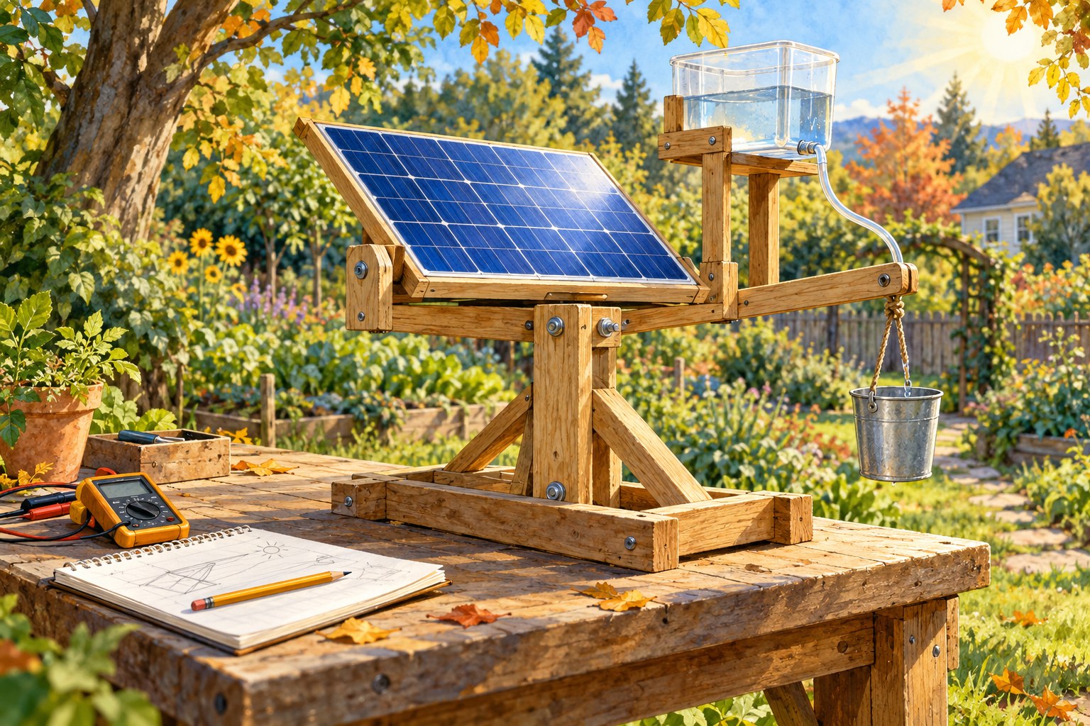 Watercolor illustration of a small conceptual solar tracker on a garden workbench with a pivoting panel, water reservoir, tubing, and catch bucket