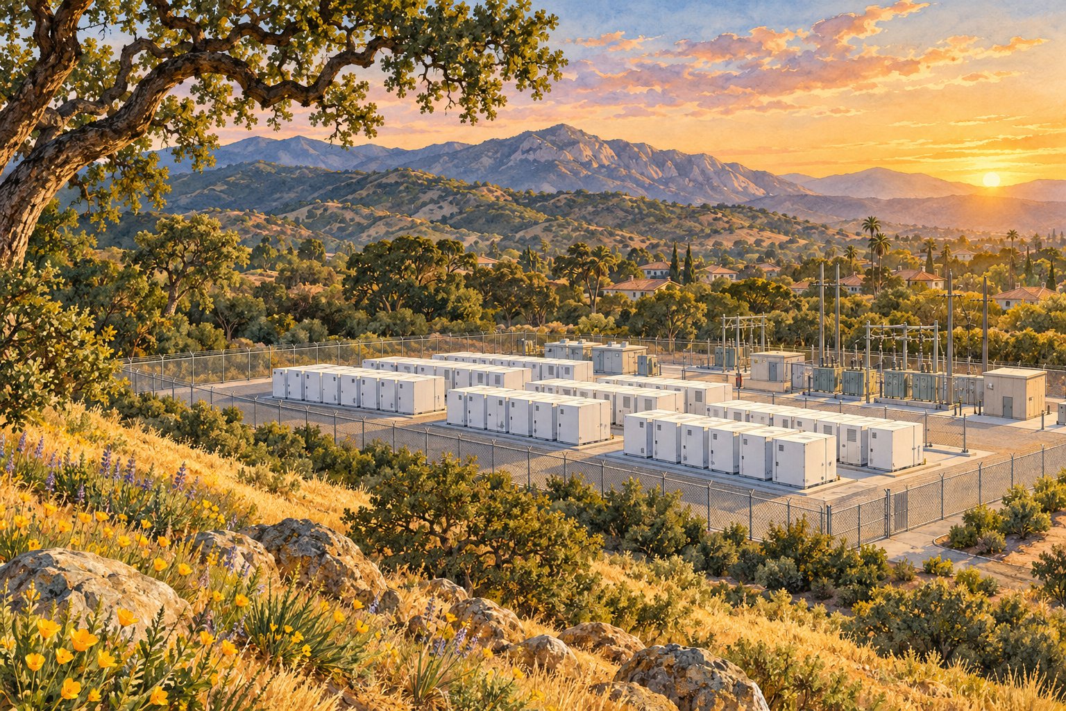 Watercolor illustration of battery storage cabinets in a fenced Southern California utility yard at sunset