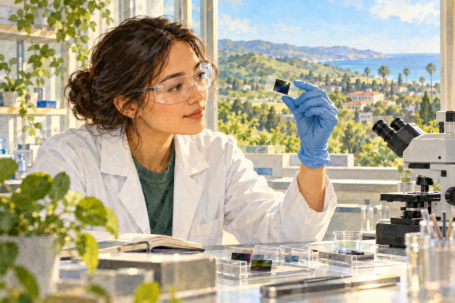 Watercolor illustration of a scientist examining a small thin-film solar sample in a sunlit research laboratory