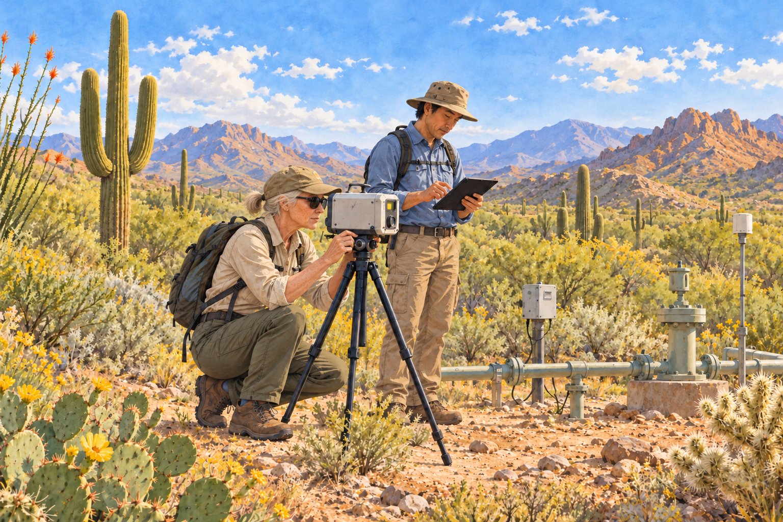 Watercolor illustration of field researchers checking monitoring instruments in the Arizona desert