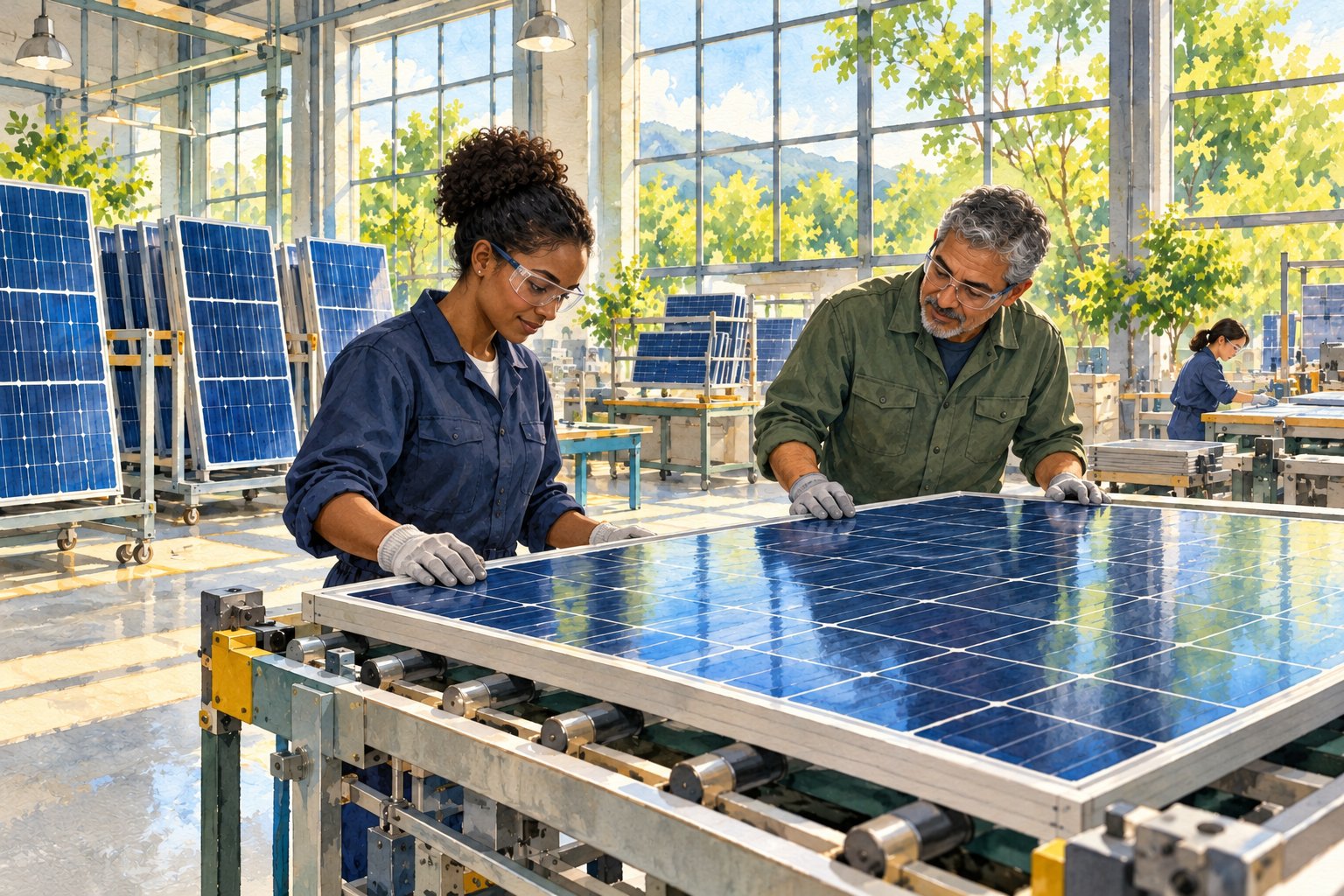 Watercolor illustration of workers inspecting a solar panel on a production line with more panels stored on racks